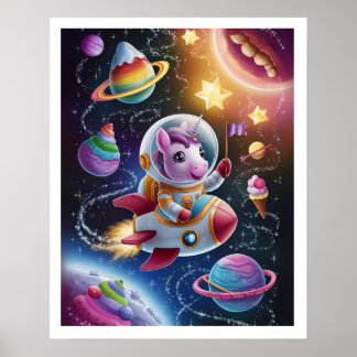 Póster Boho Illustration Licorne dans l'Espace