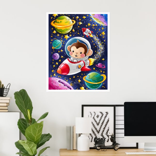 Póster Boho Illustration Singe naviguant dans l'Espace (Oficina en casa)