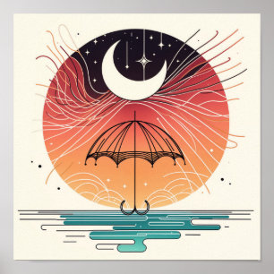 Póster Boho Luna en Paraguas con Estrellas Fugaces