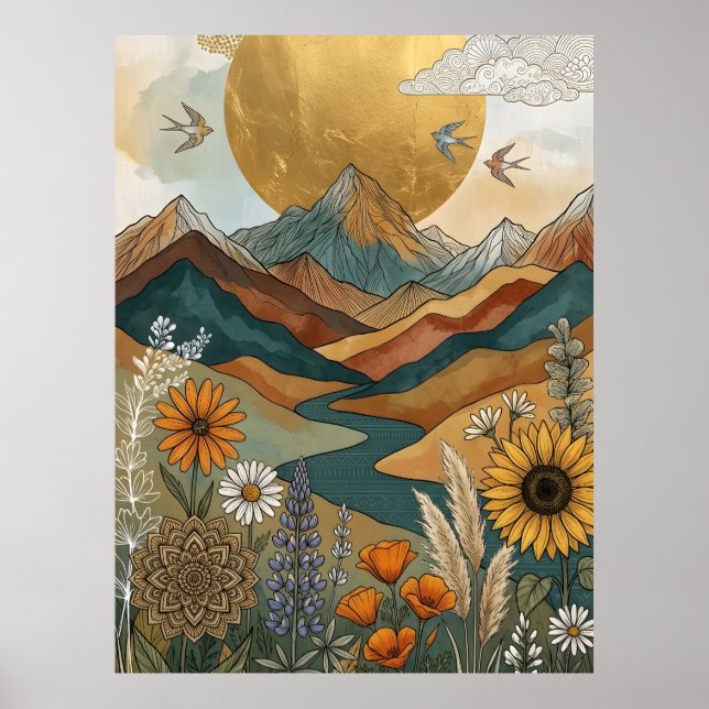 Póster Boho Mandala Celestial Río Montaña Sol (Frente)