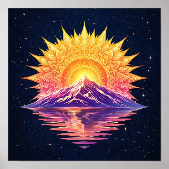 Póster Boho Mandala Mountain Sunset | Cosmic Night Sky (Frente)