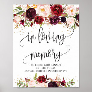 Póster Boho marsala burgundy floral in loving memory sign