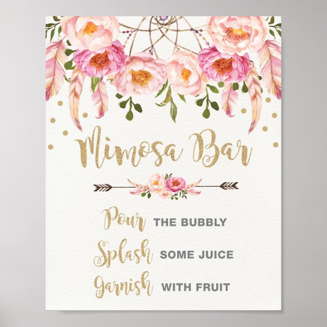Póster Boho Mimosa Bar ducha de novias de oro rosa (Frente)