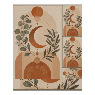 Póster Boho Moderno Luna Creciente y Rama de Olivo