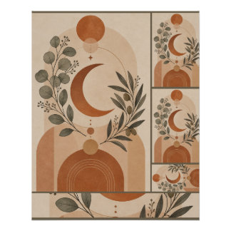 Póster Boho Moderno Luna Creciente y Rama de Olivo