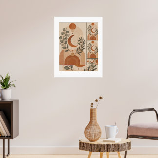 Póster Boho Moderno Luna Creciente y Rama de Olivo
