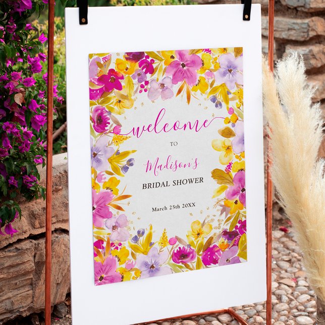 Póster Boho moderno morado floral bienvenida ducha de nov (Boho modern purple floral welcome bridal shower poster)