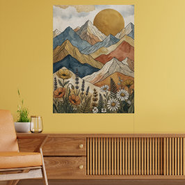 Póster Boho Montaña Celestial Flor Silvestre Sol