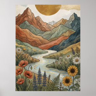 Póster Boho Montaña Celestial Río Dorado Girasol