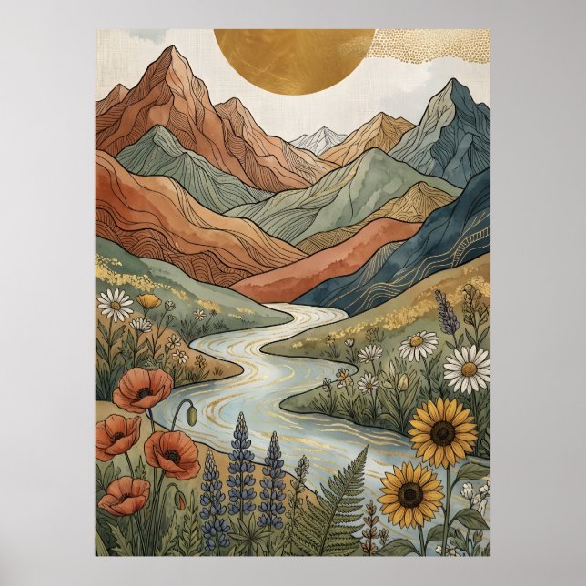 Póster Boho Montaña Celestial Río Dorado Girasol (Frente)
