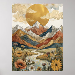 Póster Boho Montaña Celestial Río Sol Prado