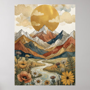 Póster Boho Montaña Celestial Río Sol Prado