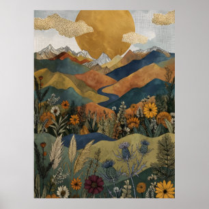 Póster Boho Montaña Celestial Valle Río Cardo
