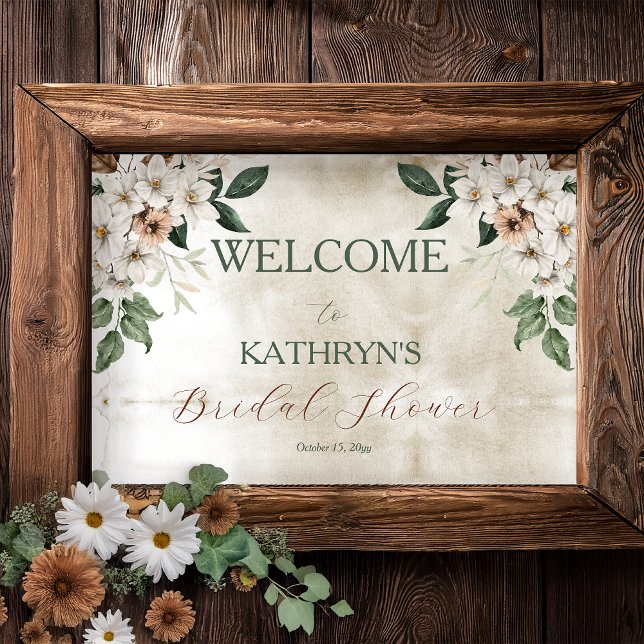 Póster Boho Muted Fall Floral Bridal Shower (Boho Muted Fall Floral and Grapevine Wreath "Fall in Love" Bridal Shower Welcome Poster)