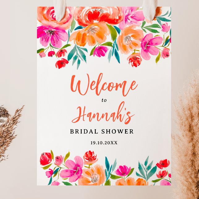 Póster Boho naranja flores silvestres florales bienvenida (Boho orange floral wildflowers bridal welcome poster)