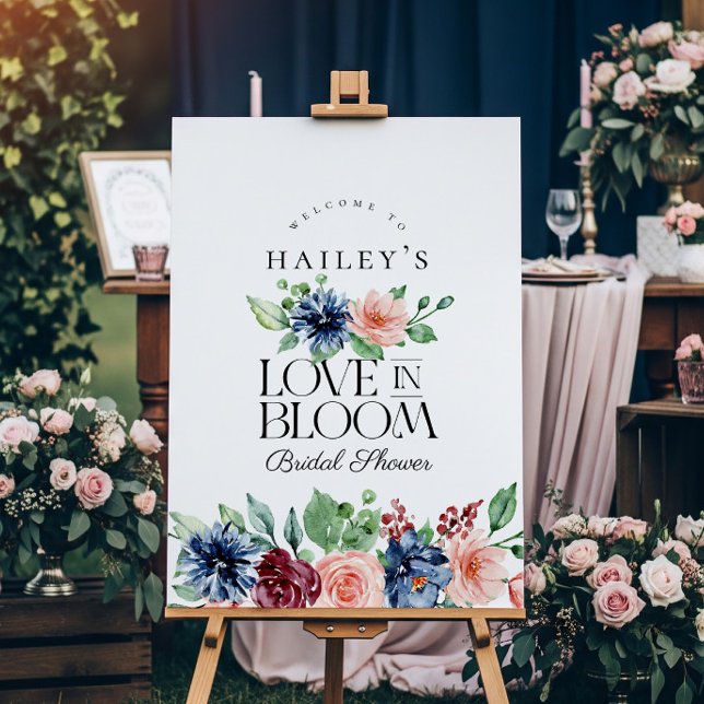 Póster Boho Navy Pink Floral Love in Bloom Bridal Shower (Subido por el creador)