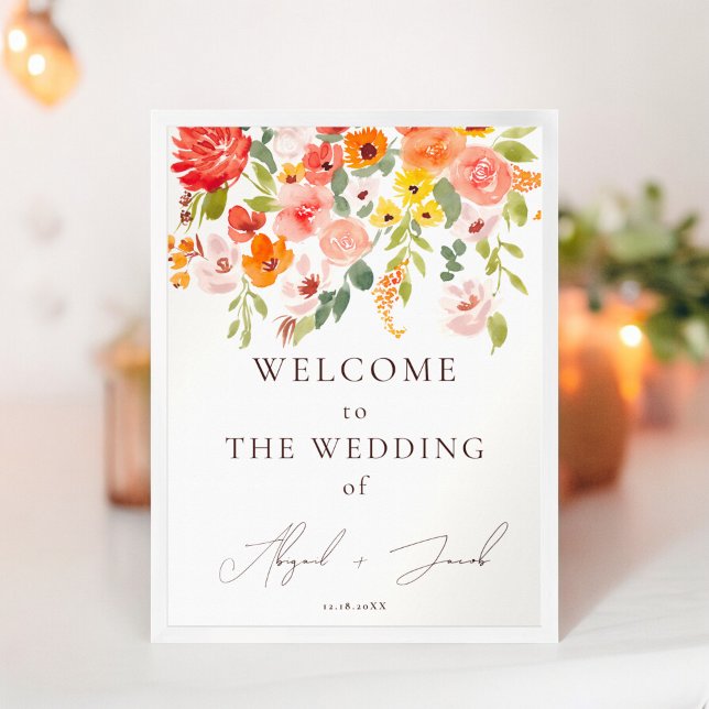 Póster Boho otoño moda floral rústica bienvenida boda (Boho fall rustic floral chic welcome wedding poster)