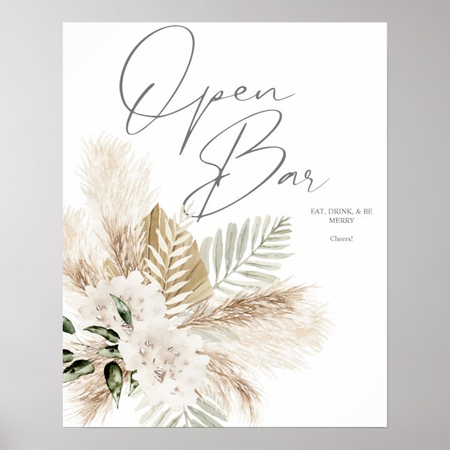 Póster Boho Palm Pampas & Beige Floral Open Bar Sign 2 (Frente)