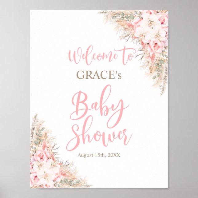 Póster Boho Pampas Orchids Peonies Bienvenido Baby Shower (Frente)