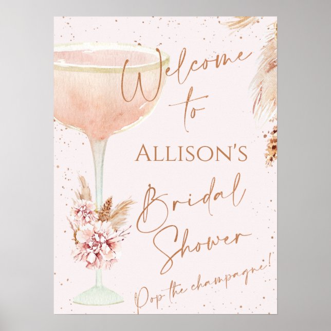 Póster Boho Pampas Rose Gold Glass Bridal Shower Welcome  (Frente)