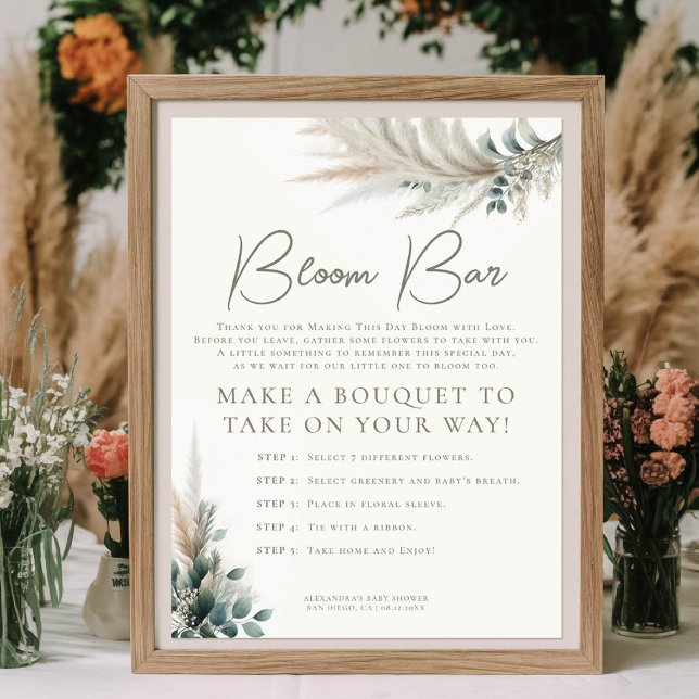 Póster Boho Pampas Sage Green Baby Shower Bloom Bar Rótul (baby shower flower bar sign make your own bouquet pampas grass greenery boho chic)