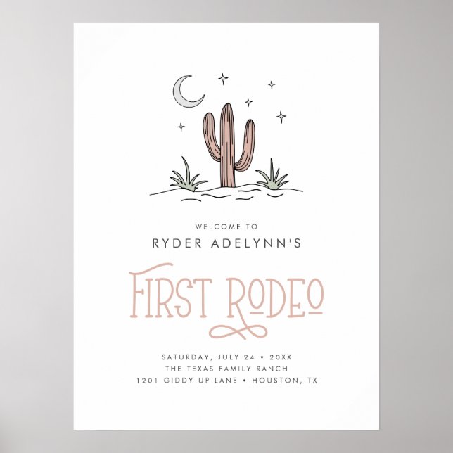 Póster Boho Pink Moderno Rodeo de Cumpleaños 1 año Niñas (Frente)