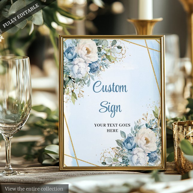 Póster Boho Polvo Azul Eucalipto Dorado Brillo Personaliz (Boho Dusty Blue Eucalyptus Gold Glitter Custom Sign)