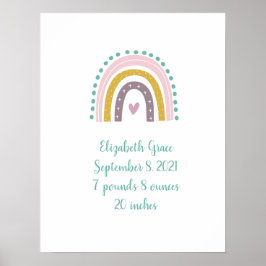 Póster Boho Rainbow Pink Verde azulada Gold Hearts