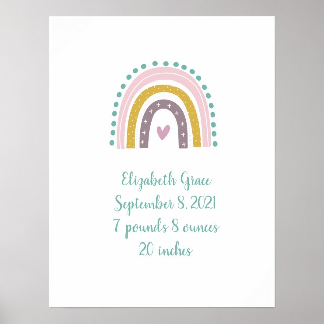 Póster Boho Rainbow Pink Verde azulada Gold Hearts (Frente)
