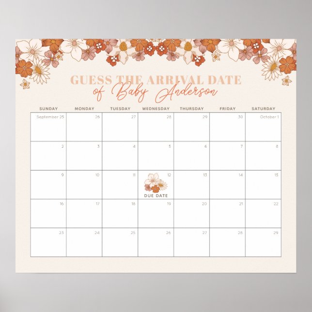 Póster Boho Retro Floral Baby Adivina El Calendario De Fe (Frente)