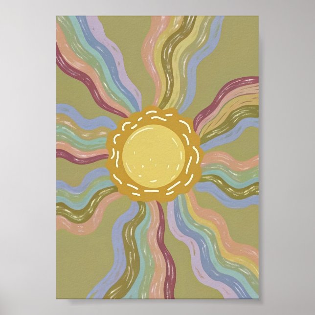 Póster Boho Retro Sun & Muted Rainbow Rays Minimalist Art (Frente)