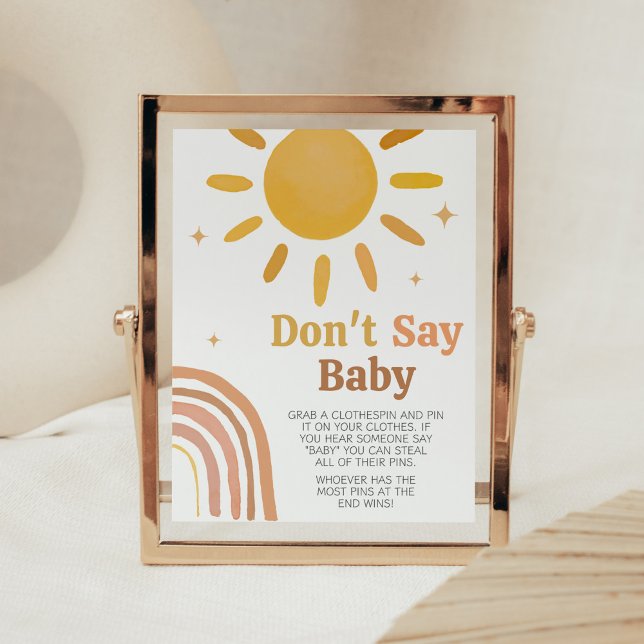Póster Boho Retro Sunshine Baby Shower no dice bebé (Here Comes the Sun Baby Shower Don't Say Baby Sign)