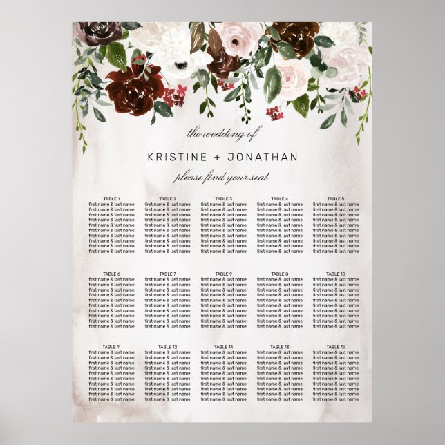 Póster Boho Rosa Borgoña Rosa Boda Floral acuarela (Frente)