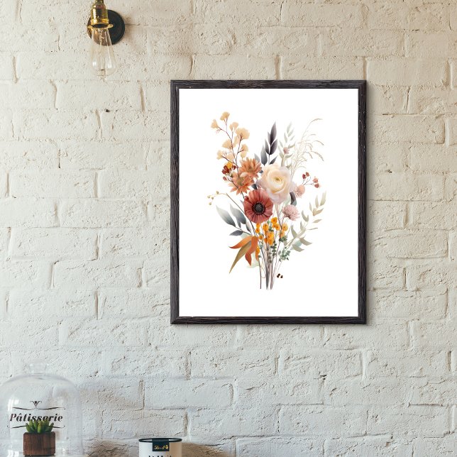 Póster Boho Rosa Melocotón Amarillo Azul Beige Floral Bot (Rose White Beige Peach Yellow and Blue Floral  Botanical Wall Art poster. Digital or Printed Framed)