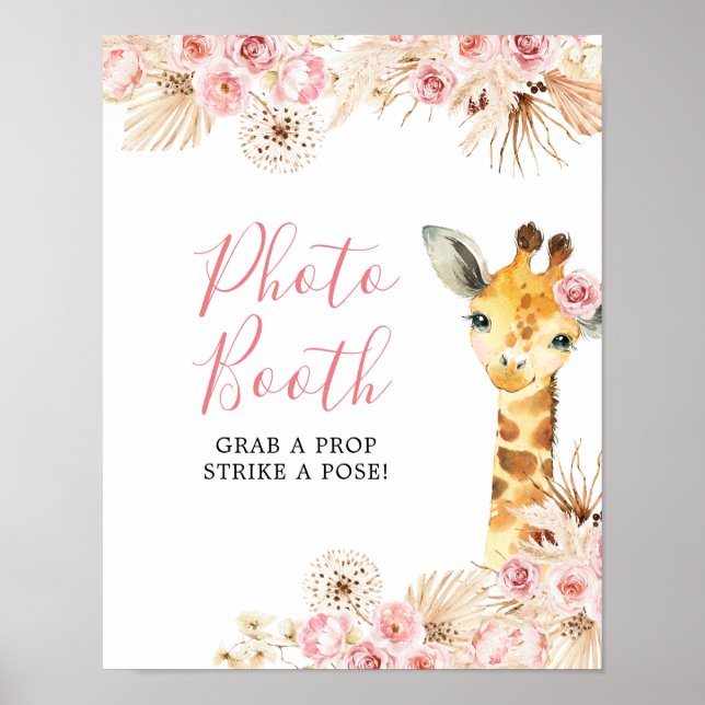 Póster Boho Rosa Rubor Giraffe - Booth Baby Shower Photo  (Frente)