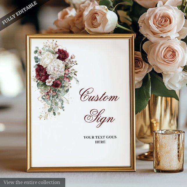 Póster Boho Rótulo Personalizado Boda Floral Blanco Borgo (Boho Burgundy White Artistic Floral Wedding Sign)