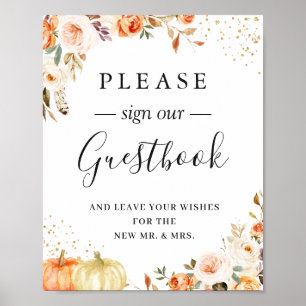 Póster Boho Rustic Autumn Floral Wedding Guestbook Sign