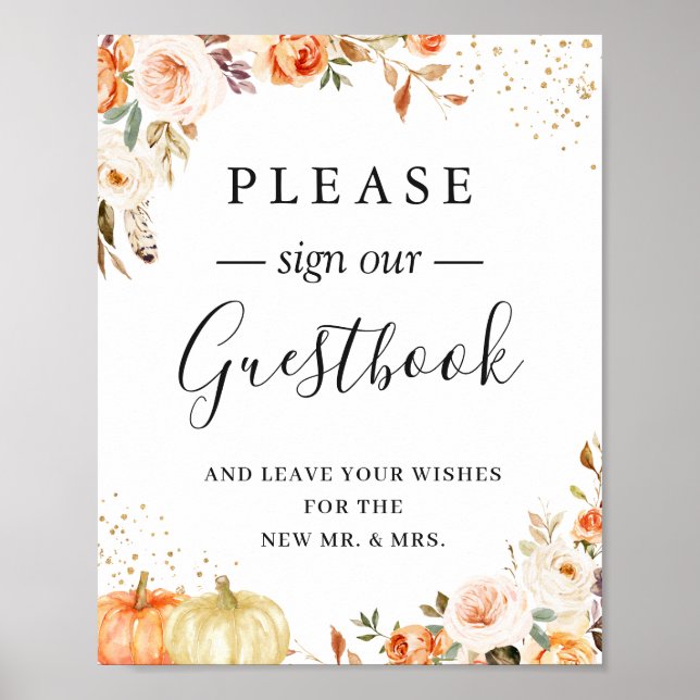 Póster Boho Rustic Autumn Floral Wedding Guestbook Sign (Frente)