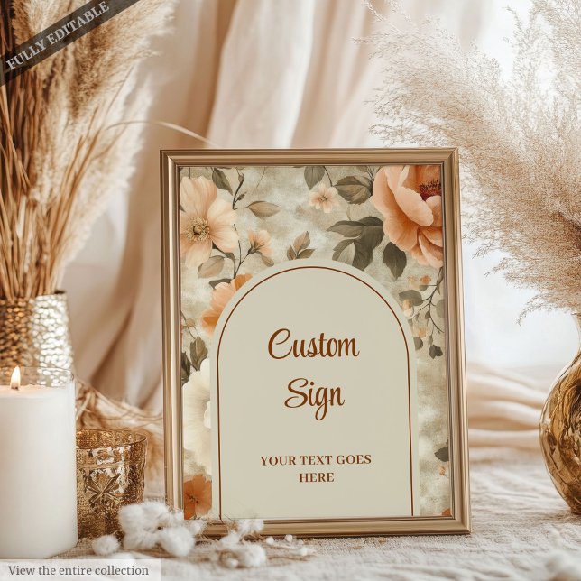 Póster Boho Rústico Naranja Quemado Marfil Verde Salvia F (Rustic Boho Burnt Orange Ivory Sage Floral Custom Sign)