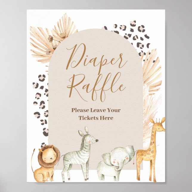 Póster Boho Safari Animales acuarela Diaper Raffle (Frente)