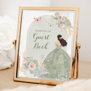 Póster Boho Sage Green Pink Quinceañera Guest Book