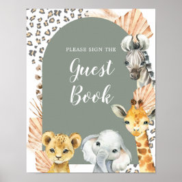 Póster Boho Sage Green Safari Oh Boy Guest Book