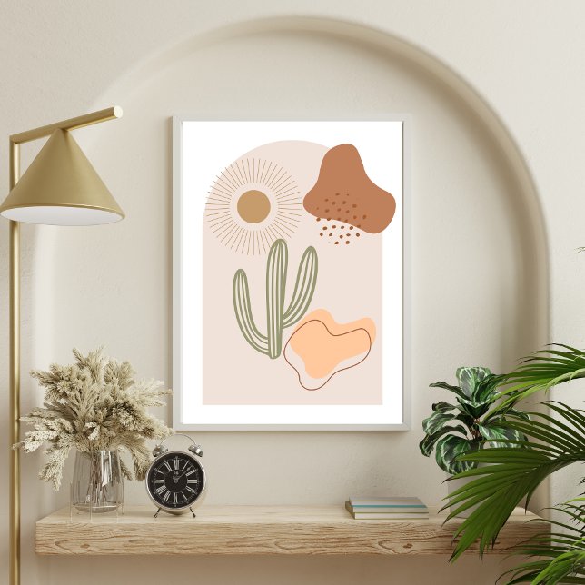 Póster Boho Shapes Resumen Beige Terracotta Sun Cactus (Boho Abstract Shapes Cactus Sun, Beige Brown Peach Terracotta Wall art poster print)