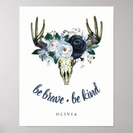 Póster Boho Skull y Blue Peonies | Sé valiente, sé amable