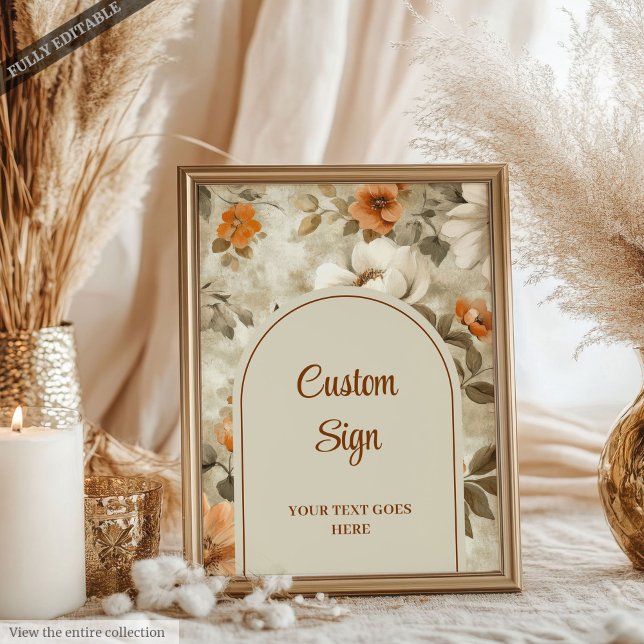 Póster Boho Sofisticado Cobre Marfil Floral Verde Salvia  (Sophisticated Boho Copper Ivory Sage Floral Custom Sign)