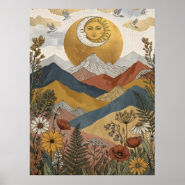 Póster Boho Sol Celestial Luna Cara Montaña Pájaros