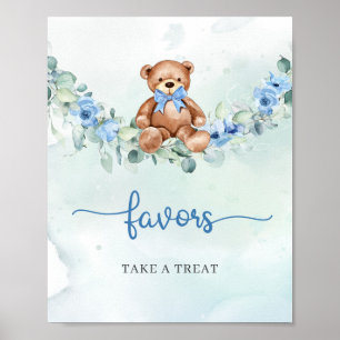 Póster Boho Teddy de oso azul eucalipto floral favorece