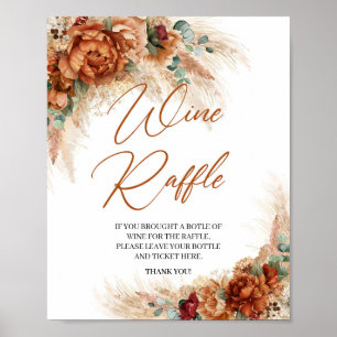 Póster Boho terracotta burgundy floral pampas Wine Raffle