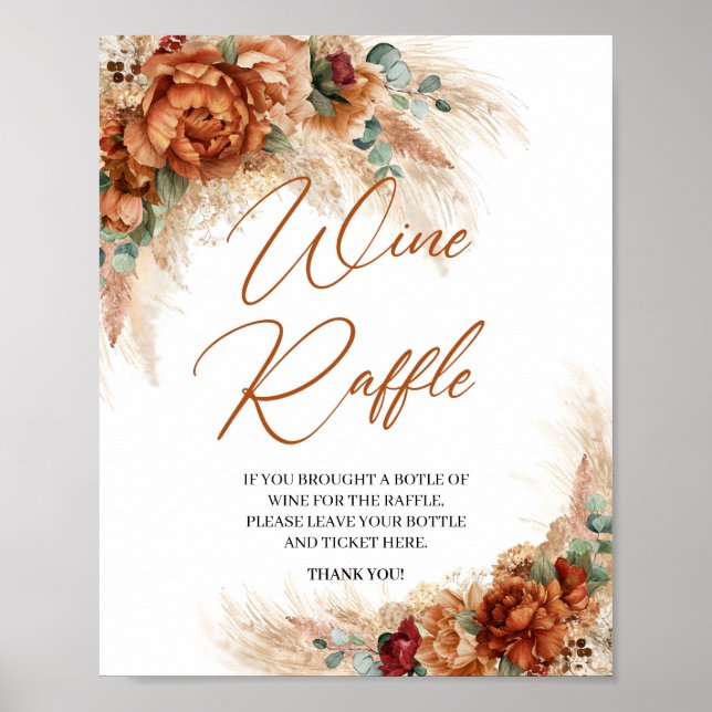 Póster Boho terracotta burgundy floral pampas Wine Raffle (Frente)