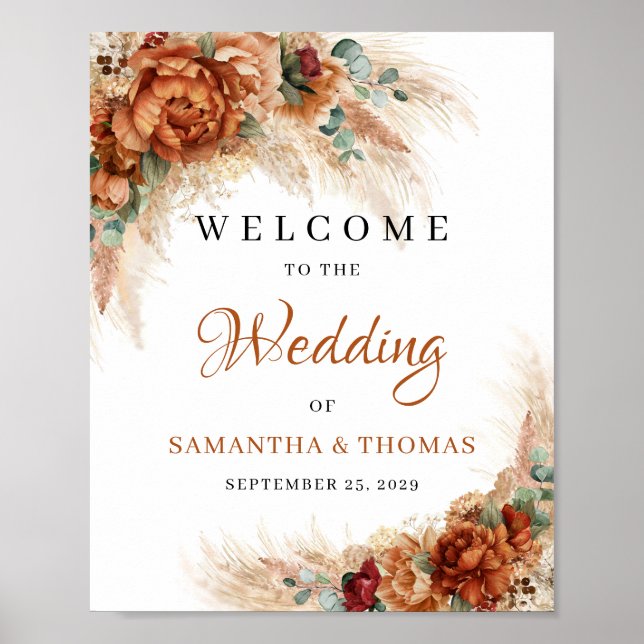 Póster Boho terracotta burgundy pampas Boda Rótulo (Frente)